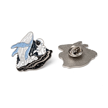Creative Zinc Alloy Brooches, Enamel Lapel Pin, with Iron Butterfly Clutches or Rubber Clutches, Spaceman with Whale Shape, Platinum, 28x30mm, pin: 1mm