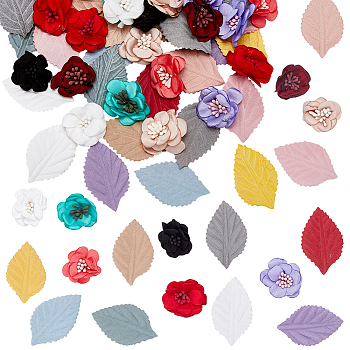 WADORN 132Pcs 18 Styles Cloth Ornament Accessories, for Costume Hat Bag, Leaf & 3D Flower, Mixed Color, 29~47x27~28x1~10mm