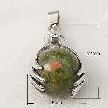 Gemstone Pendants, with Brass Findings and Natural Unakite, Round, Platinum, Olive Drab, 27x18mm, Hole: 4x6mm