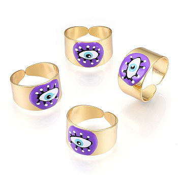 Enamel Horse Eye Open Cuff Rings, Real 18K Gold Plated Brass Jewelry for Women, Medium Purple, US Size 6 3/4(17.1mm)