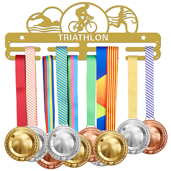 Fashion Iron Medal Hanger Holder Display Wall Rack, with Screws, Sports Theme with Word Triathlon, Sports Themed Pattern, 150x400mm