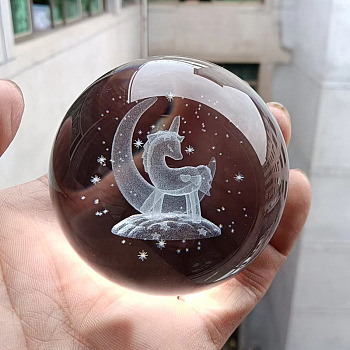 Inner Carving Glass Crystal Ball Diaplay Decoration, Fengshui Home Decor, Unicorn, 60mm