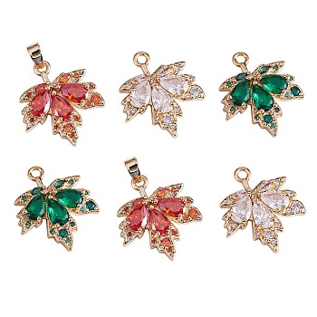 6Pcs Brass Cubic Zirconia Pendants, Maple Leaf Charm, Real 18K Gold Plated, Long-Lasting Plated, Mixed Color, 24x17mm, Hole: 1.8mm