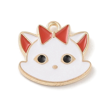 Alloy Enamel Pendants, Light Gold, Cat Charm, White, 16x16.5x2mm, Hole: 1.5mm