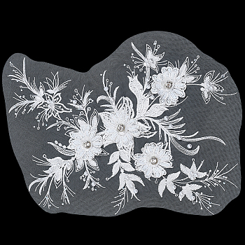 Polyester Embroidery Sew on 3D Flower Appliques, with Plastic Rhinestone, Sewing Craft Decoration for Wedding Dress, Cheongsam, White, 400x345x0.1~7mm