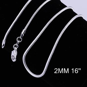 Brass Round Snake Chain Necklaces, with Lobster Claw Clasps, Silver Color Plated, 16 inch, 2mm