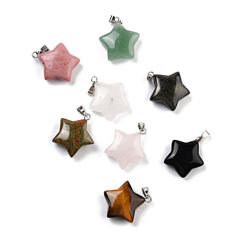Natural Gemstone Pendants, Pendants, with Platinum Tone Brass Findings, Star, 23.5x20.5x7.5mm