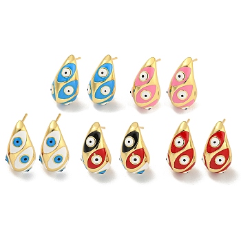 Rack Plating Brass Hoop Earrings, with Enamel, Cadmium Free & Lead Free, Long-Lasting Plated, Real 18K Gold Plated, Teardrop with Evil Eye, Mixed Color, 20x12mm