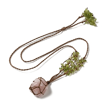 Natural Rose Quartz Braided Bead Pendants Necklacess, with Peridot Chips, Wax Rope Pouch Adjustable Necklaces, 27.24~29.84 inch(69.2~75.8cm)