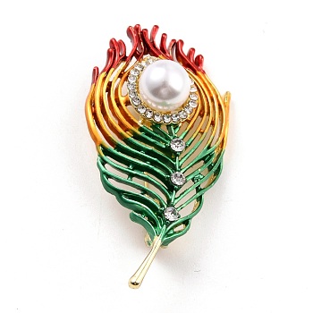 Feather Alloy Brooch with Resin Pearl, Exquisite Rhinestone Lapel Pin for Girl Women, Golden, Colorful, 57x29.5x12mm, Pin: 0.8mm