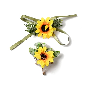 2Pcs 2 Style Sunflower Flower Silk Wrist and Flower Silk Brooch Sets, for Wedding, Party Decorations, Gold, Brooch: 114x87x35mm, Pin: 0.7mm, Wrist: 750x10mm, 2style, 2pcs