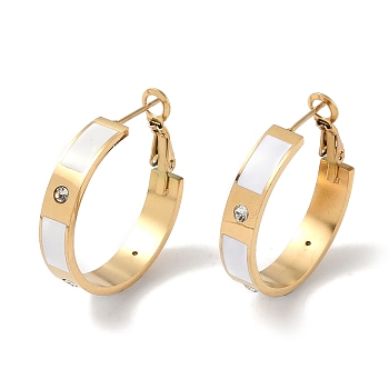 304 Stainless Steel Rhinestone Hoop Earrings for Women, Enamel Style, Real 18K Gold Plated, 28x6mm