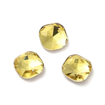 Glass Rhinestone Cabochons, Point Back & Back Plated, Faceted, Square, Citrine, 7x7x3mm