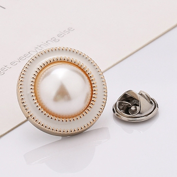 Plastic Brooch, Alloy Pin, with Enamel, Imitation Pearl, for Garment Accessories, Round, White, 25mm