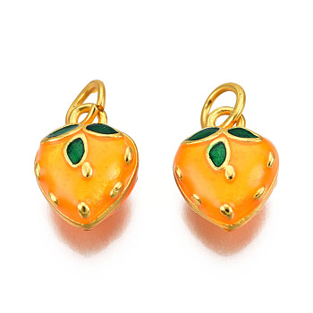 Alloy Enamel Charms, Cadmium Free & Lead Free, with Jump Rings, Matte Gold Color, Strawberry, Orange, 12x9.5x6mm, Jump Ring: 5x1mm, 3mm inner diameter