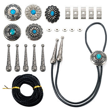 PandaHall DIY Flower Bolo Tie Making Kit, Including Zinc Alloy Buttons & Cord End, Braided Cowhide Cords, Alloy & Turquoise Buttons, Bolo Tie Slides Clasp Accessories, Antique Silver
