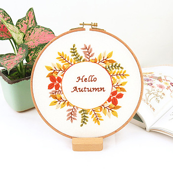 Flower Pattern DIY Embroidery Kit, including Embroidery Needles & Thread, Cotton Linen Cloth, Word Hello Autumn, Orange Red, 290x290mm