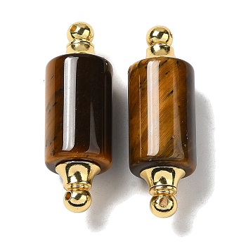Natural Tiger Eye Connector Charms, with Golden Plated 304 Stainless Steel Findings, Column Links, 36x12mm, Hole: 1.2~1.4mm