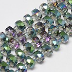 Electroplate Glass Beads Strands, Rainbow Plated, Faceted, Flat Round, Green, 7~8x5mm, Hole: 1mm, about 78~80pcs/strand,  20.86~21.65 inch(53~55cm)(EGLA-Q083-8mm-D05)