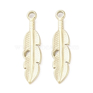 304 Stainless Steel Pendants, Feather Charm, Real 14K Gold Plated, 21.5x5x1.5mm, Hole: 1.6mm(STAS-L022-399G)