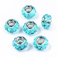 Transparent Resin European Beads, Imitation Crystal, Large Hole Beads, with Silver Tone Brass Double Cores, Faceted, Rondelle, Cyan, 14x9.5mm, Hole: 5mm(RPDL-T003-003-B06)