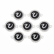 Alloy Enamel Links Connectors, with Crystal Rhinestones, Flat Round with Letter, Silver Color Plated, Letter.U, 22x16x2mm, Hole: 1.8mm(ENAM-TAC0003-01S-02U)