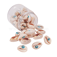 PandaHall Elite Cowrie Shell Beads, with Enamel, No Hole/Undrilled, Evil Eye, Sea Green, 20~25x14~16x5~7mm, 35pcs/box(SHEL-PH0001-09)