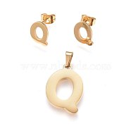 304 Stainless Steel Pendants and Stud Earrings Jewelry Sets, Alphabet, Letter.Q, 20~23x13~19x1.5mm, Hole: 6x3mm, 6~10x6~9x1mm, Pin: 0.8mm(SJEW-P099-17G)