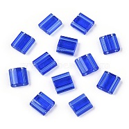 2-Hole Glass Seed Beads, Transparent Colours, Rectangle, Blue, 5x4.5~5.5x2~2.5mm, Hole: 0.5~0.8mm(SEED-T003-01C-08)