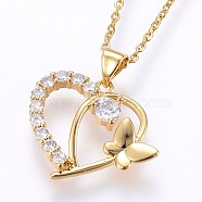 304 Stainless Steel Pendant Necklaces, with Cubic Zirconia, Heart with Butterfly, Golden, 17.71 inch(45cm), Pendant: 24.5x23x3mm(NJEW-H486-23G)