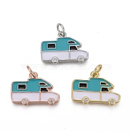 Brass Micro Pave Clear Cubic Zirconia Pendants, with Enamel and Jump Rings, Long-Lasting Plated, Camping Van/Caravan Shape, Mixed Color, 12x17x2.5mm, Hole: 3mm(KK-F821-34B)