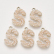 Eco-Friendly Alloy Pendants, with ABS Plastic Imitation Pearl Beads, Letter, Light Gold, Letter.S, 23x14.5x3mm, Hole: 1.6mm(PALLOY-R110-40)