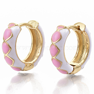 Brass Huggie Hoop Earrings, with Two Tone Enamel, Real 18K Gold Plated, Rhombus Pattern, Pearl Pink, 15.5x16.5x5mm, Pin: 1x1mm(EJEW-S209-05E)