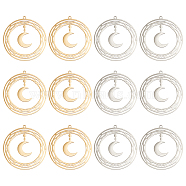 12Pcs 2 Colors 201 Stainless Steel Pendants, Ring with Moon, Real Gold Plated & Stainless Steel Color, 33.5x31.5x1mm, Hole: 1.6mm, 6pcs/color(STAS-DC0012-16)