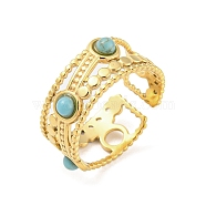 Synthetic Turquoise Beaded Open Cuff Ring, 304 Stainless Steel Hollow Ring, Golden, US Size 7 3/4(17.9mm)(RJEW-G293-01B)