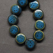 Handmade Porcelain Beads, Fancy Antique Glazed Porcelain, Flat Round, Cornflower Blue, 12x7mm, Hole: 3mm(X-PORC-Q185-12mm-1)