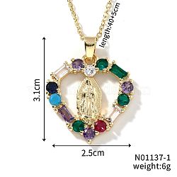 Brass Cubic Zirconia Hollow Heart Design Virgin Mary Pendant Exquisite Necklaces, Golden, Colorful, 15.75 inch(40cm)(FG0740-1)