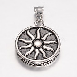 304 Stainless Steel Pendants, Flat Round Carved Sun, Antique Silver, 33x27x5.5mm, Hole: 7.5x5mm(X-STAS-D441-16AS)