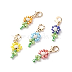 Glass Seed Beaded Flower Pendant Decorations, Clip-on Charms, with Zinc Alloy Lobster Claw Clasps and Dyed Synthetic Turquoise Beads and Nylon Wire, Mixed Color, 30mm(HJEW-JM00729)