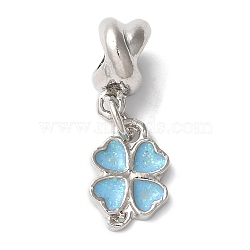 Rack Plating Alloy Enamel European Dangle Charms, Large Hole Clover Pendants, Cadmium Free & Nickel Free & Lead Free, Platinum, Sky Blue, 25mm, Hole: 4mm, Clover: 12x9x1mm(PALLOY-S189-09P-01)