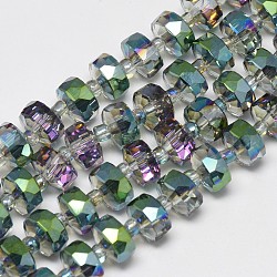Electroplate Glass Beads Strands, Rainbow Plated, Faceted, Flat Round, Green, 7~8x5mm, Hole: 1mm, about 80pcs/strand, 21.26 inch(EGLA-Q083-8mm-D05)