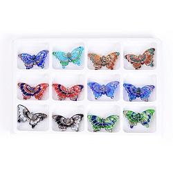 Handmade Silver Foil Lampwork Pendants, with Gold Sand, Butterfly, Mixed Color, 38x62x9mm, Hole: 5mm, 12pcs/box(FOIL-S122-B)