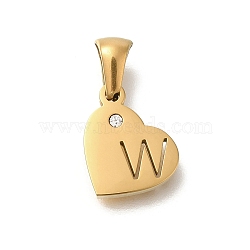 304 Stainless Steel Heart Pendants with Rhinestone, Golden, Letter W, 11x13x2.5mm, Hole: 5x3mm(STAS-Z103-01G-23)