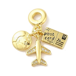 Rack Plating Brass Micro Pave Clear Cubic Zirconia Enamel European Dangle Charms, Earth & Plane & Post Card Large Hole Pendants, Cadmium Free & Lead Free, Long-Lasting Plated, Real 18K Gold Plated, 30mm, Hole: 4mm(KK-S380-28G)