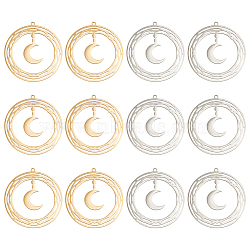 12Pcs 2 Colors 201 Stainless Steel Pendants, Ring with Moon, Real Gold Plated & Stainless Steel Color, 33.5x31.5x1mm, Hole: 1.6mm, 6pcs/color(STAS-DC0012-16)
