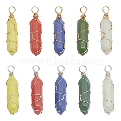 10Pcs 10 Colors Synthetic Luminous Stone Double Terminal Pointed Dyed Pendants, Faceted Bullet Charm with Copper Wire Wrapped, Glow in Dark, Mixed Color, 38~41x10~10.5x10.5~11mm, Hole: 4.5~5mm, 1pc/color(G-CA0001-71)