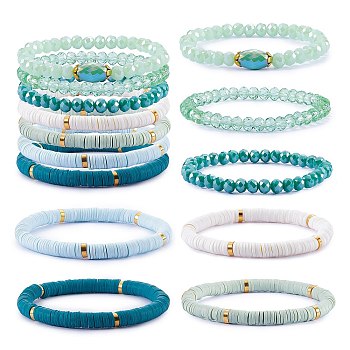 7Pcs 7 Style Handmade Polymer Clay Heishi Surfer Stretch Bracelets Set, Glass Beads Bracelets, Stackable Preppy Bracelets for Women, Green, Inner Diameter: 2-1/8 inch(5.3cm), 1Pc/style