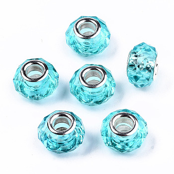 Transparent Resin European Beads, Imitation Crystal, Large Hole Beads, with Silver Tone Brass Double Cores, Faceted, Rondelle, Cyan, 14x9.5mm, Hole: 5mm