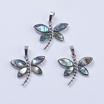 Abalone Shell/Paua Shell Pendants, with Platinum Tone Brass Bail, Dragonfly, 28x29x4mm, Hole: 5x8mm