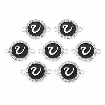 Alloy Enamel Links Connectors, with Crystal Rhinestones, Flat Round with Letter, Silver Color Plated, Letter.U, 22x16x2mm, Hole: 1.8mm